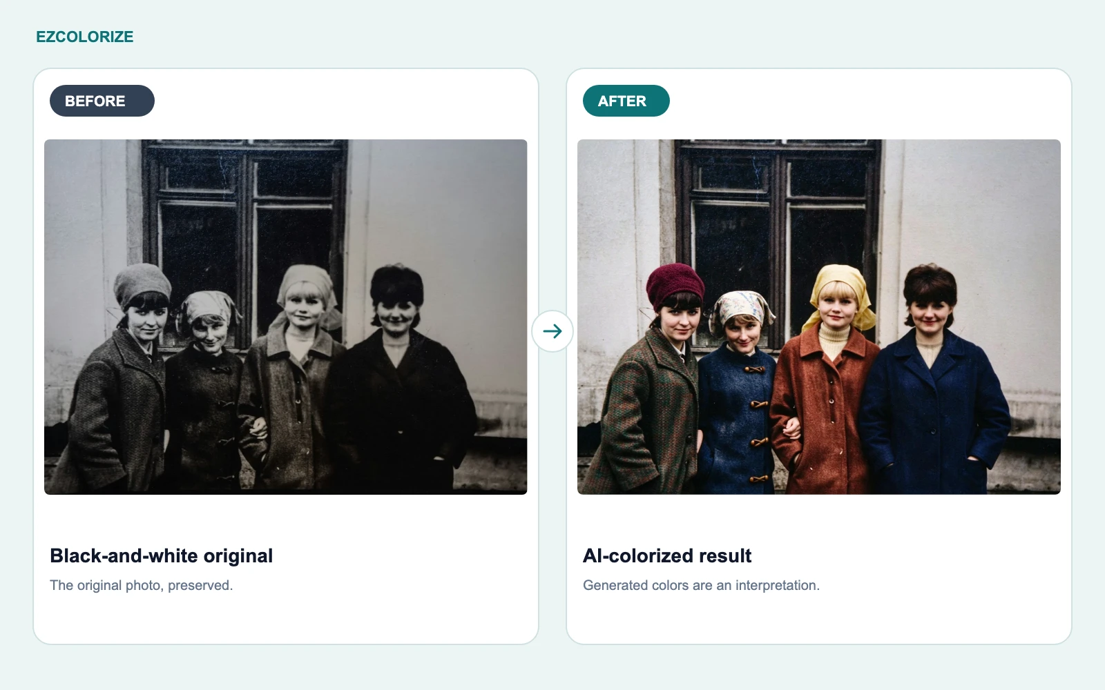 Before-and-after comparison of a black-and-white portrait and its AI-colorized result